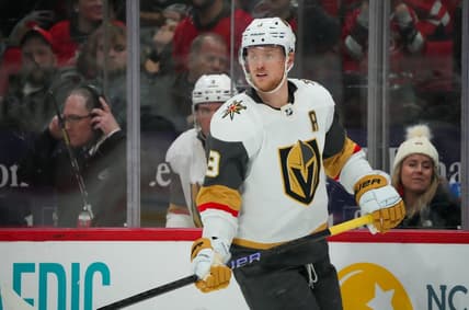 Dec 19, 2023; Raleigh, North Carolina, USA; Vegas Golden Knights center Jack Eichel (9) watches the play against the Carolina Hurricanes during the third period at PNC Arena. Mandatory Credit: James Guillory-USA TODAY Sports