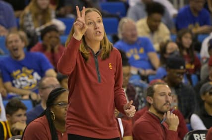 Dec 30, 2023; Los Angeles, California, USA; USC Trojans head coach Lindsay Gottlieb signals to her team in the first half against the UCLA Bruins at Pauley Pavilion presented by Wescom. Mandatory Credit: Jayne Kamin-Oncea-USA TODAY Sports