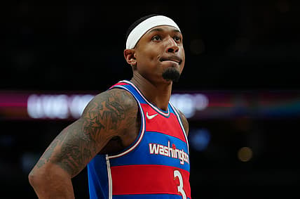 Dec 13, 2021; Denver, Colorado, USA; Washington Wizards guard Bradley Beal (3) reacts after a play during the fourth quarter against the Denver Nuggets at Ball Arena. Mandatory Credit: Ron Chenoy-USA TODAY Sports