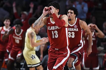 Feb 22, 2022; Nashville, Tennessee, USA; Alabama Crimson Tide guard Jahvon Quinerly (13) celebrates after a basket during the second half against the Vanderbilt Commodores at Memorial Gymnasium. Mandatory Credit: Christopher Hanewinckel-USA TODAY Sports