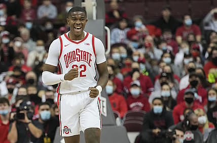 Sun., Jan. 9, 2022; Columbus, Ohio, USA; Ohio State Buckeyes forward E.J. Liddell (32) celebrates after a three-pointer during the first half of a NCAA Division I men   s basketball game between the Ohio State Buckeyes and the Northwestern Wildcats at Value City Arena

Liddell 1