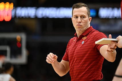 Mar 25, 2022; Chicago, IL, USA; Iowa State Cyclones head coach T.J. Otzelberger on the sidelines during the first half against the Miami (Fl) Hurricanes in the semifinals of the Midwest regional of the men's college basketball NCAA Tournament at United Center. Mandatory Credit: Jamie Sabau-USA TODAY Sports