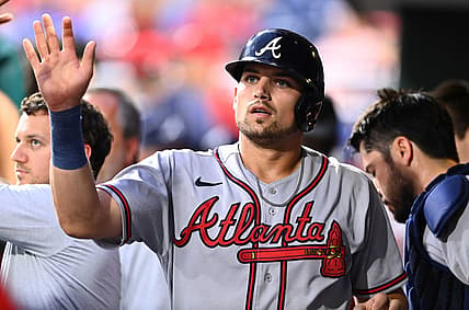 Jul 26, 2022; Philadelphia, Pennsylvania, USA; Atlanta Braves third baseman Austin Riley (27) celebrates after scoring against the Philadelphia Phillies in the fourth inning at Citizens Bank Park. Mandatory Credit: Kyle Ross-USA TODAY Sports