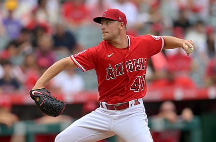 Jul 31, 2022; Anaheim, California, USA; Los Angeles Angels starting pitcher Reid Detmers (48) throws to the plate in the first inning against the Texas Rangers at Angel Stadium. Mandatory Credit: Jayne Kamin-Oncea-USA TODAY Sports