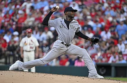 Aug 6, 2022; St. Louis, Missouri, USA;  New York Yankees starting pitcher Domingo German (55) pitches against the St. Louis Cardinals during the third inning at Busch Stadium. Mandatory Credit: Jeff Curry-USA TODAY Sports