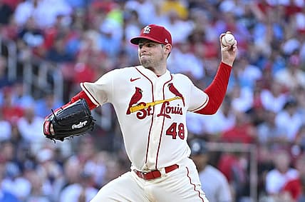 Aug 6, 2022; St. Louis, Missouri, USA;  St. Louis Cardinals starting pitcher Jordan Montgomery (48) pitches against the New York Yankees during the first inning at Busch Stadium. Mandatory Credit: Jeff Curry-USA TODAY Sports