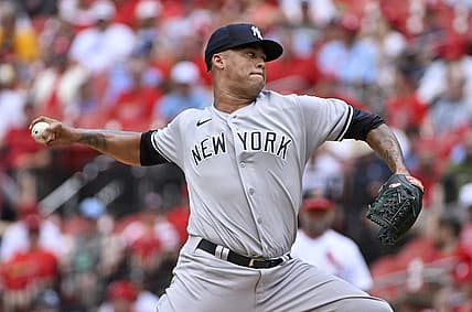 Aug 7, 2022; St. Louis, Missouri, USA;  New York Yankees starting pitcher Frankie Montas (47) pitches against the St. Louis Cardinals during the first inning at Busch Stadium. Mandatory Credit: Jeff Curry-USA TODAY Sports