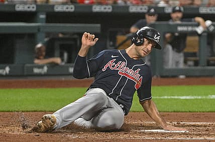 Aug 26, 2022; St. Louis, Missouri, USA;  Atlanta Braves first baseman Matt Olson (28) slides safely in at home against the St. Louis Cardinals during the fourth inning at Busch Stadium. Mandatory Credit: Jeff Curry-USA TODAY Sports