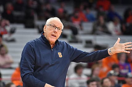 Nov 7, 2022; Syracuse, New York, USA; Syracuse Orange head coach Jim Boeheim reacts to a play in the second half against the Lehigh Mountain Hawks at JMA Wireless Dome. Mandatory Credit: Mark Konezny-USA TODAY Sports