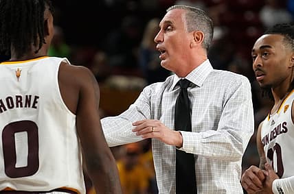 Nov 10, 2022; Tempe, Arizona, USA; ASU Sun Devils head coach Bobby Hurley talks to his team during a timeout in their game against the NAU Lumberjacks at Desert Financial Arena. Mandatory Credit: Joe Rondone-Arizona Republic

Basketball Asu Mbb