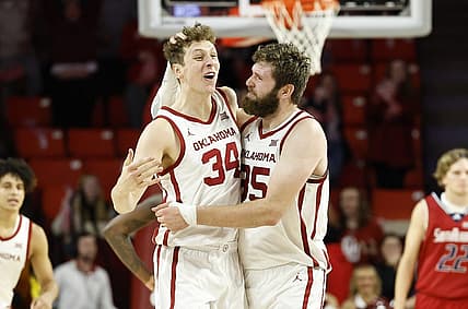 Nov 18, 2022; Norman, Oklahoma, USA; Oklahoma Sooners forward Jacob Groves (34) and forward Tanner Groves (35) celebrate after Jacob blocked a shot by South Alabama during the second half at Lloyd Noble Center. Oklahoma won 64-60. Mandatory Credit: Alonzo Adams-USA TODAY Sports