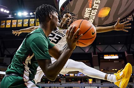 Nov 20, 2022; Columbia, Missouri, USA; Missouri Tigers forward Aidan Shaw (23) defends as Mississippi Valley State Delta Devils forward Alvin Stredic (15) looks to inbound the ball during the first half at Mizzou Arena. Mandatory Credit: Jay Biggerstaff-USA TODAY Sports