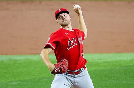 Aug 16, 2023; Arlington, Texas, USA;  Los Angeles Angels starting pitcher Reid Detmers (48) throws during the first inning against the Texas Rangers at Globe Life Field. Mandatory Credit: Kevin Jairaj-USA TODAY Sports