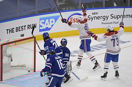 May 31, 2021; Toronto, Ontario, CAN; Montreal Canadiens forward Corey Perry (94) celebrates after scoring against the Toronto Maple Leafs in game seven of the first round of the 2021 Stanley Cup Playoffs at Scotiabank Arena. Mandatory Credit: Dan Hamilton-USA TODAY Sports