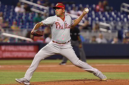 Sep 4, 2021; Miami, Florida, USA; Philadelphia Phillies pitcher Ranger Suarez (55) throws against the Miami Marlins during the first inning at loanDepot Park. Mandatory Credit: Jim Rassol-USA TODAY Sports