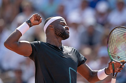 Jun 1, 2023; Paris,France; Frances Tiafoe (USA) reacts to a point during his match against Asian Karatsev on day five at Stade Roland-Garros. Mandatory Credit: Susan Mullane-USA TODAY Sports
