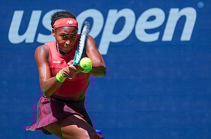 Sept 5, 2023; Flushing, NY, USA; Coco Gauff of the USA hits to Jelena Ostapenko of Latvia on day nine of the 2023 U.S. Open tennis tournament at USTA Billie Jean King National Tennis Center. Mandatory Credit: Robert Deutsch-USA TODAY Sports