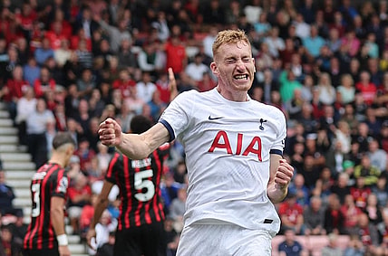Tottenham Hotspur Dejan Kulusevski celebrates scoring against Bournemouth on Aug. 26, 2023.