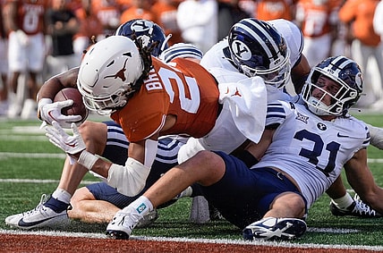 Texas Longhorns running back Jonathon Brooks scores a touchdown in the first quarter against the BYU Cougars at Royal-Memorial Stadium on Saturday October 28, 2023.