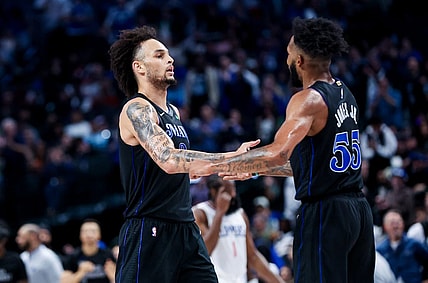 Nov 10, 2023; Dallas, Texas, USA;  Dallas Mavericks forward Derrick Jones Jr. (55) celebrates with Dallas Mavericks center Dereck Lively II (2) during the second half against the LA Clippers at American Airlines Center. Mandatory Credit: Kevin Jairaj-USA TODAY Sports