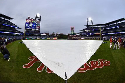 Oct 31, 2022; Philadelphia, PA, USA; The rain tarp is on the field at Citizens Bank Park. Mandatory Credit: Eric Hartline-USA TODAY Sports