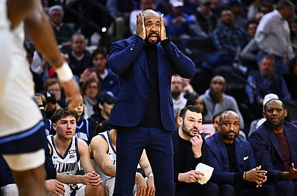 Mar 9, 2024; Philadelphia, Pennsylvania, USA; Villanova Wildcats head coach Kyle Neptune reacts against the Creighton Bluejays in the first half at Wells Fargo Center. Mandatory Credit: Kyle Ross-USA TODAY Sports