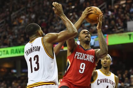 Jan 2, 2017; Cleveland, OH, USA; New Orleans Pelicans forward Terrence Jones (9) drives to the basket against Cleveland Cavaliers center Tristan Thompson (13) during the first half at Quicken Loans Arena. Mandatory Credit: Ken Blaze-USA TODAY Sports
