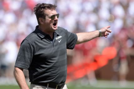 Apr 8, 2017; Norman, OK, USA; Oklahoma Sooners head coach Bob Stoops yells to his players during the spring game at Gaylord Family - Oklahoma Memorial Stadium. Mandatory Credit: Mark D. Smith-USA TODAY Sports