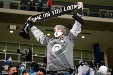 Dec 3, 2020; Kansas City, Kansas, USA; A Minnesota United FC fan cheers in the second half against Sporting Kansas City at Children's Mercy Park. Mandatory Credit: Amy Kontras-USA TODAY Sports