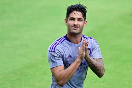 Apr 17, 2021; Orlando, Florida, USA; Orlando City SC fforward Alexandre Pato (7) looks on prior to the game against the Atlanta United FC at Orlando City Stadium. Mandatory Credit: Douglas DeFelice-USA TODAY Sports