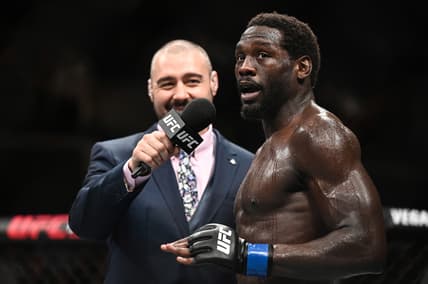 Sep 28, 2019; Copenhagen, DEN; Jared Cannonier (blue gloves) is interviewed after defeating Jack Hermansson (not pictured) during UFC Fight Night at Royal Arena. Mandatory Credit: Per Haljestam-USA TODAY Sports