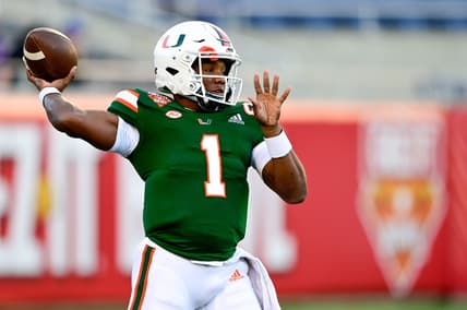 Dec 29, 2020; Orlando, FL, USA; Miami Hurricanes quarterback D'Eriq King (1) warms up prior to the game between the Oklahoma State Cowboys and the Miami Hurricanes during the Cheez-It Bowl Game at Camping World Stadium. Mandatory Credit: Douglas DeFelice-USA TODAY Sports