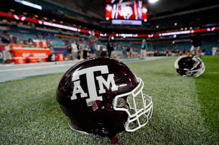 Jan 2, 2021; Miami Gardens, FL, USA; A pair of Texas A&M Aggies helmets on the field after the the Texas A&M Aggies defeated the North Carolina Tar Heels at Hard Rock Stadium. Mandatory Credit: Jasen Vinlove-USA TODAY Sports