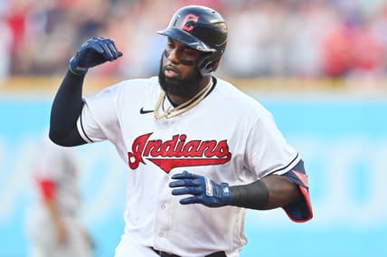 Aug 20, 2021; Cleveland, Ohio, USA; Cleveland Indians designated hitter Franmil Reyes (32) rounds the bases after hitting a home run during the first inning against the Los Angeles Angels at Progressive Field. Mandatory Credit: Ken Blaze-USA TODAY Sports