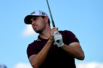 Sep 2, 2021; Atlanta, Georgia, USA; Patrick Cantlay plays his shot from the 16th tee during the first round of the Tour Championship golf tournament. Mandatory Credit: Adam Hagy-USA TODAY Sports