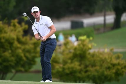 Sep 3, 2021; Atlanta, Georgia, USA; Patrick Cantlay watches his putt on 9th green during the second round of the Tour Championship golf tournament. Mandatory Credit: Adam Hagy-USA TODAY Sports
