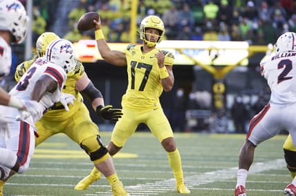 Sep 18, 2021; Eugene, Oregon, USA; Oregon Ducks quarterback Ty Thompson (17) throws a pass during the second half against the Stony Brook Seawolves at Autzen Stadium. The Ducks won 48-7. Mandatory Credit: Troy Wayrynen-USA TODAY Sports