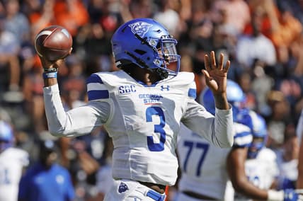 Sep 25, 2021; Auburn, Alabama, USA;  Georgia State Panthers quarterback Darren Grainger (3) rolls out to pass during the first quarter against the Auburn Tigers at Jordan-Hare Stadium. Mandatory Credit: John Reed-USA TODAY Sports
