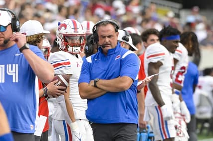 Oct 9, 2021; Annapolis, Maryland, USA; Southern Methodist Mustangs head coach Sonny Dykes durnign the first half against the Navy Midshipmen  at Navy-Marine Corps Memorial Stadium. Mandatory Credit: Tommy Gilligan-USA TODAY Sports