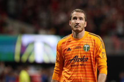 Dec 8, 2018; Atlanta, GA, USA; Portland Timbers goalkeeper Jeff Attinella (1) reacts during the first half against the Atlanta United in the 2018 MLS Cup championship game at Mercedes-Benz Stadium. Mandatory Credit: Jason Getz-USA TODAY Sports