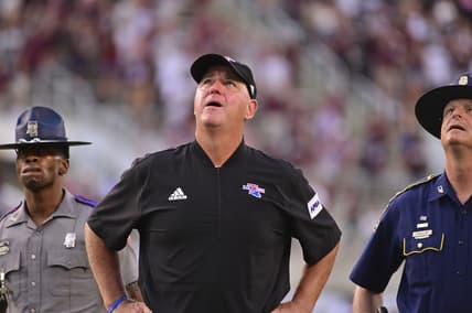 Sep 4, 2021; Starkville, Mississippi, USA; Louisiana Tech Bulldogs head coach Skip Holtz  reacts as he watches a replay of the final play of the game against the Mississippi State Bulldogs at Davis Wade Stadium at Scott Field. Mandatory Credit: Matt Bush-USA TODAY Sports