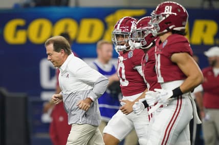 Alabama Head Coach Nick Saban leads players onto the field before the 2021 College Football Playoff Semifinal game at the 86th Cotton Bowl in AT&T Stadium in Arlington, Texas Friday, Dec. 31, 2021. Alabama defeated Cincinnati 27-6 to advance to the national championship game. [Staff Photo/Gary Cosby Jr.]

College Football Playoffs Alabama Vs Cincinnati