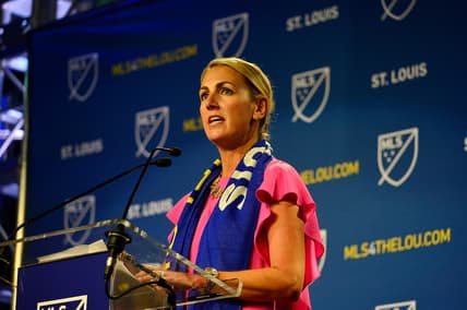 Aug 20, 2019; St. Louis, MO, USA; St. Louis MLS ownership group leader Carolyn Kindle Betz talks to guest and media after a expansion team was announced for St. Louis at The Palladium. Mandatory Credit: Jeff Curry-USA TODAY Sports