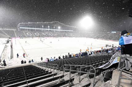 Feb 23, 2022; Commerce City, CO, USA; General wide view of Dick's Sporting Goods Park as snow falls during second half of the match between the Comunicacionese FC against the Colorado Rapids. Mandatory Credit: Ron Chenoy-USA TODAY Sports
