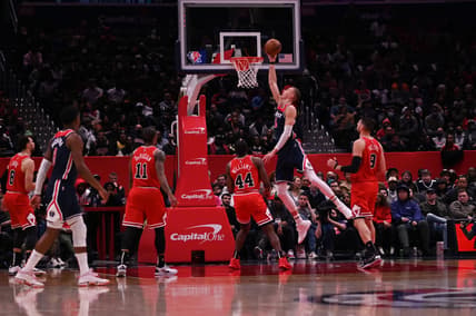 Mar 29, 2022; Washington, District of Columbia, USA;  Washington Wizards center Kristaps Porzingis (6) shoots as Chicago Bulls forward Patrick Williams (44) looks on during the second half at Capital One Arena. Mandatory Credit: Tommy Gilligan-USA TODAY Sports