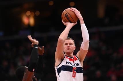 Mar 30, 2022; Washington, District of Columbia, USA;  Washington Wizards center Kristaps Porzingis (6) shoots a jump shot during the first half against the Orlando Magic at Capital One Arena. Mandatory Credit: Tommy Gilligan-USA TODAY Sports