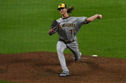 Apr 13, 2022; Baltimore, Maryland, USA; Milwaukee Brewers relief pitcher Josh Hader (71) delivers pitch during the ninth inning against the Baltimore Orioles  at Oriole Park at Camden Yards. Mandatory Credit: Tommy Gilligan-USA TODAY Sports