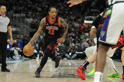 Apr 20, 2022; Milwaukee, Wisconsin, USA; Chicago Bulls forward DeMar DeRozan (11) drives to the basket in the second half against the Milwaukee Bucks during game two of the first round for the 2022 NBA playoffs at Fiserv Forum. Mandatory Credit: Michael McLoone-USA TODAY Sports