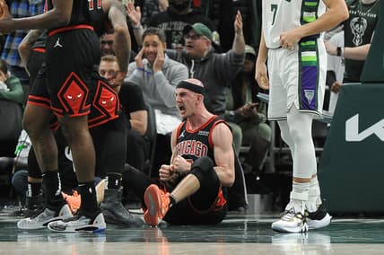 Apr 20, 2022; Milwaukee, Wisconsin, USA; Chicago Bulls guard Alex Caruso (6) celebrates a 114-110 win over the Milwaukee Bucks during game two of the first round for the 2022 NBA playoffs at Fiserv Forum. Mandatory Credit: Michael McLoone-USA TODAY Sports