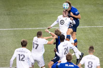 FC Cincinnati defender Nick Hagglund (14) heads the ball over Minnesota United defender Chase Gasper (77) in the second half of the MLS match between FC Cincinnati and Minnesota United at Nippert Stadium in Cincinnati.

Minnesota United At Fc Cincinnati